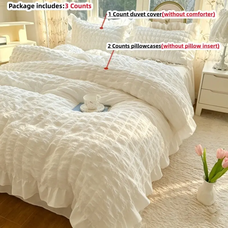 3pcs Korean Style white seersucker Duvet Cover Set, 1Pc Duvet cover+2Pcs Pillowcases（without comforter and pillow insert)）100% Polyester, Single Twin Double Queen Size, Comfy Bedding Sets, All Seasons
