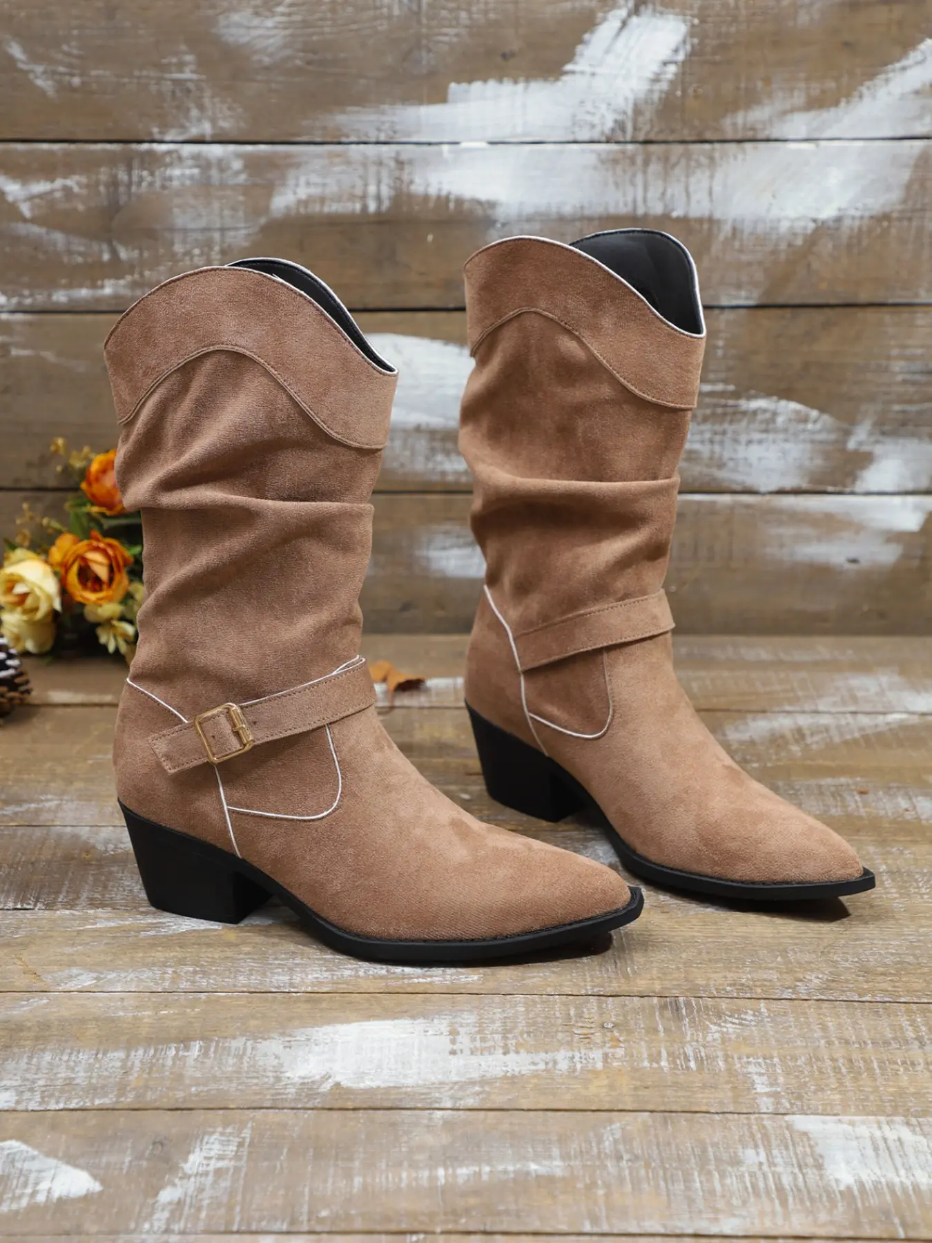 Women's Velvet Pointed Toe Western Cowboy Boots, Foldable Mid-Calf Buckle Strap Thick Heel, Vintage American Country Style, Daily Party Wear