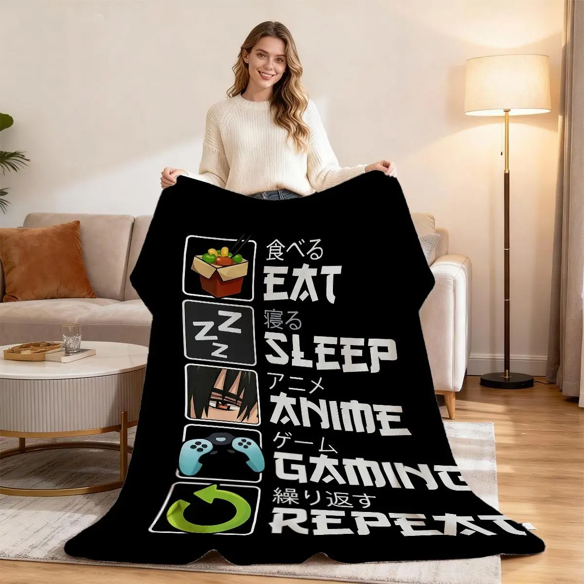 A Throw Blanket Featuring The Phrase 'Eat Sleep Anime Repeat' Along with Iconic Characters, Designed to Be Soft, Cozy, And Lightweight, Perfect for Use on a Sofa, in The Office, Or on a Bed. an Ideal Home Decor Item for Easter Gifts