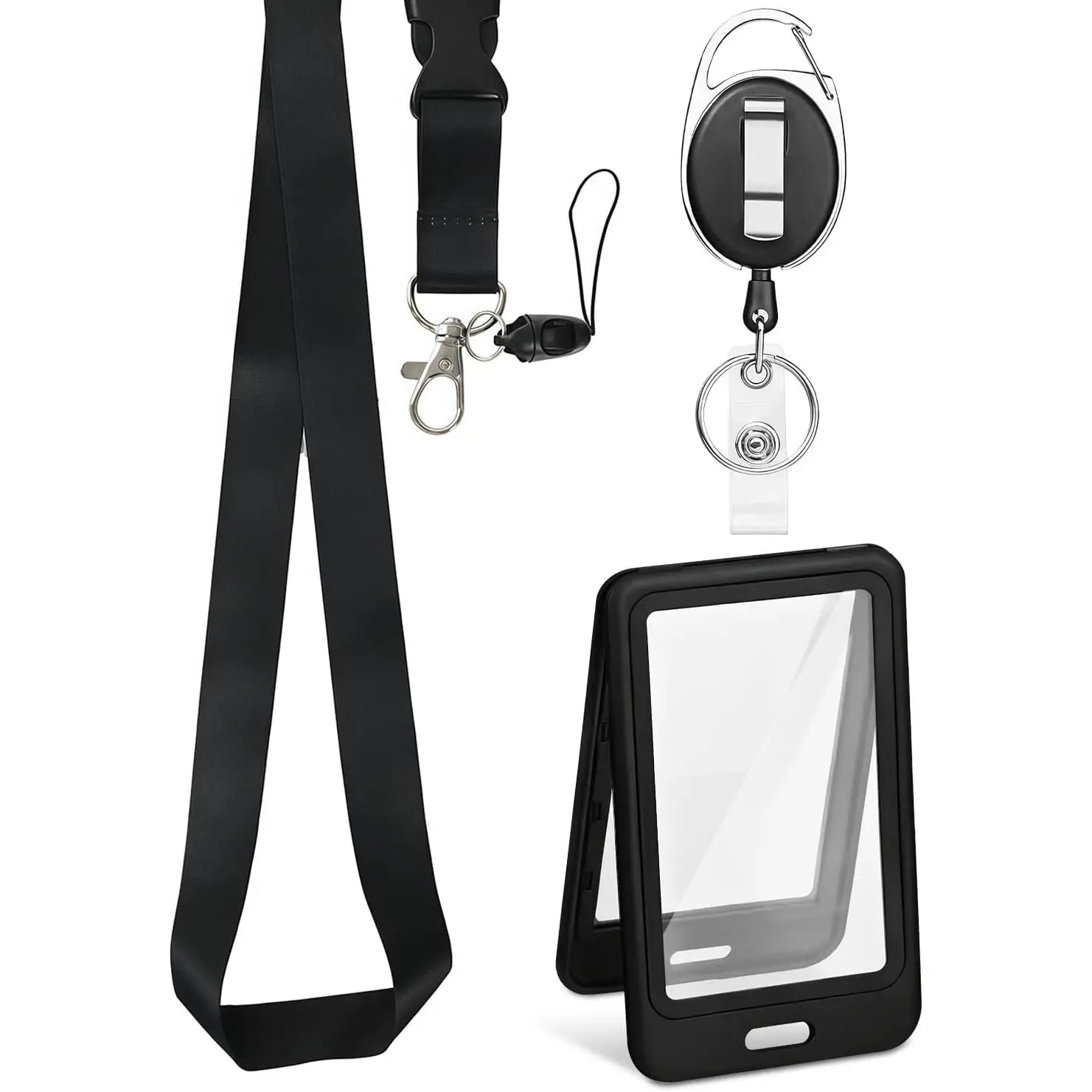 ID Badge Holder with Lanyard, Retractable Reel Clip, Double-Sided Clear Vertical Key Card Nametag Protector, Lanyard with Release Buckle for Nurse  School Office Worker,Black