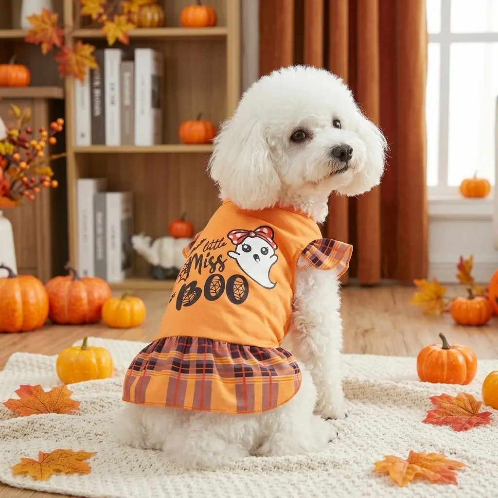 Halloween Little Miss Boo Dog Dress Orange Sleeveless Ruffle Plaid Trim Puppy Tutu Skirt Cute Ghost Bow Spider Web Bat Print Pet Party Dress Spooky Fall Holiday Costume For Small Medium Dogs Cats Trick Or Treat Pet Photo Halloween Gift Puppy Clothes