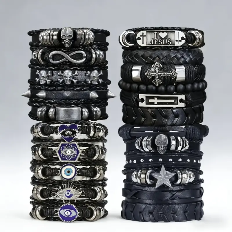 22pcs Gothic Style PU Leather Bracelet Set - Adjustable Fit Braided Band with Eye, Skull, Cross, Infinity, Pentagram Pendants, Dark Style Bracelets & Bangles for Parties, Everyday Wear, Cross Emblem Bracelets & Bangles