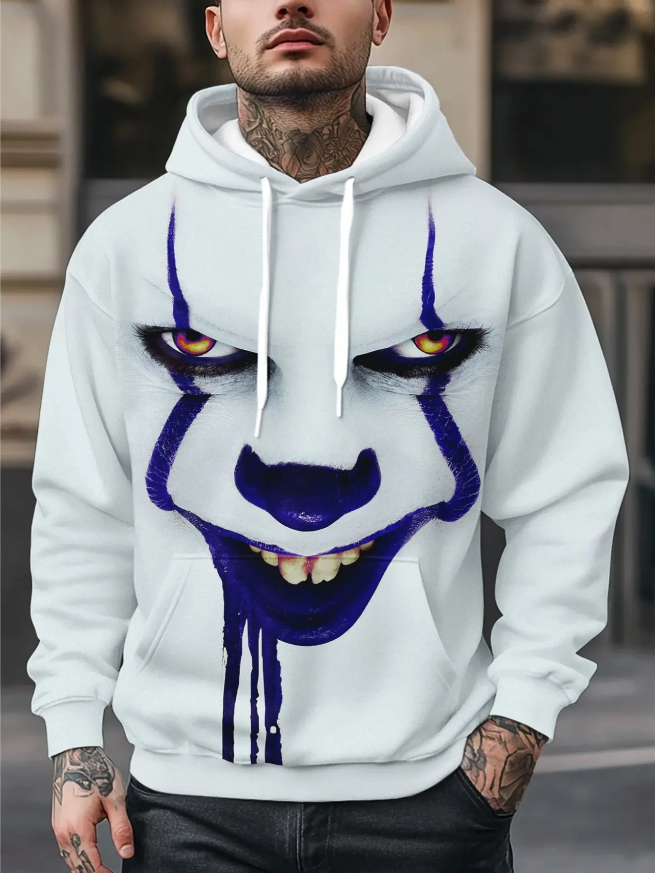 New Warner Collaboration Men's Hoodie, 3D Clown Print, Casual Sports Fitted Design, Fall & Winter Unlined Sweatshirt
