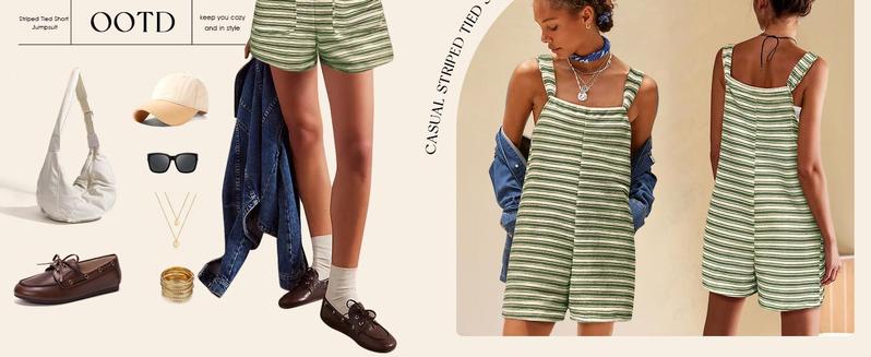 PASLTER Womens Summer Casual Sleeveless Romper Loose Striped Tied Shorts Overalls Jumpsuit with Pockets 2025 Clothes