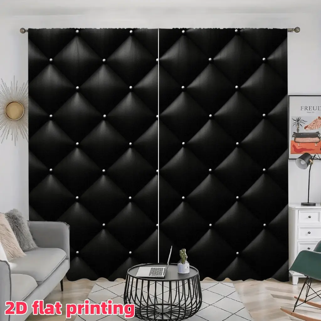 2D Flat 2Pcs Black Tufted Diamond Pattern Curtain Panel, Rod Pocket Style, Semi-Sunshade, for Home Living Room Bedroom Balcony Kitchen Study and Shower Window Decoration, Accessory, Anti-Privacy.