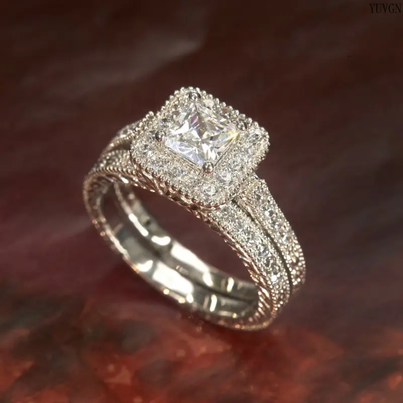 Princess Cut Halo Simulated Gemstone Bridal Ring Set, Vintage Engraved Band Matching Wedding Band, Women Engagement Stackable Ring Jewelry tiktokshopbacktoschool
