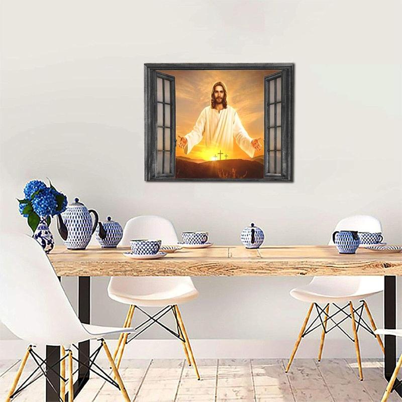 1 Count Jesus Christ Canvas Wall Art Jesus Greets You Welcome Back Window View Sunset Poster Christian Religious Modern Artwork Christ Spiritual Prints Framed Wall Decor For Bedroom Living Room 16x24inch