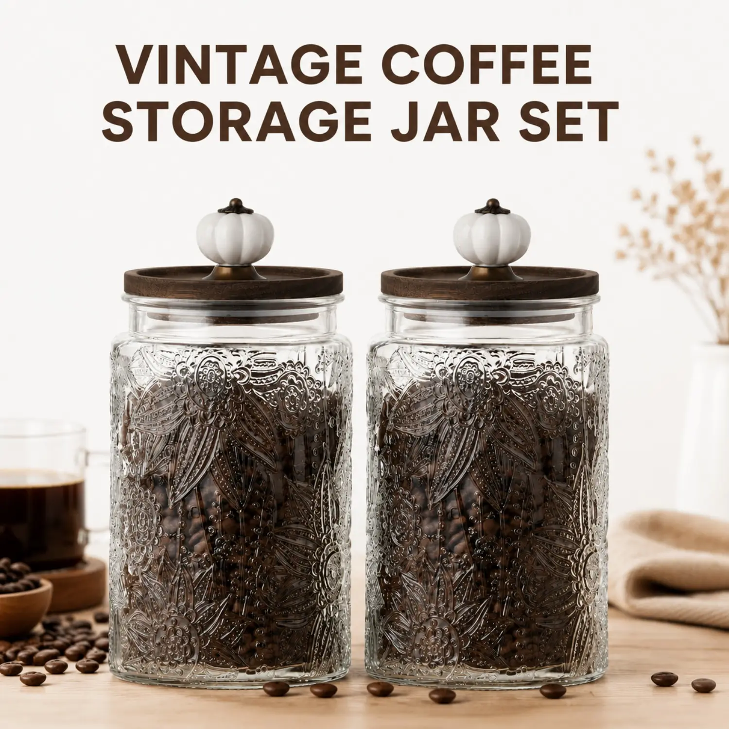 ONESHOW HOME 34oz Vintage Glass Jar with Lid, Airtight Food Storage Container, Embossed Kitchen Canister with Pumpkin Knob Lid for Sugar, Coffee, Tea, Candy, Cookies, Pasta, Cereal, Decorative Pantry Jar homeessentials
