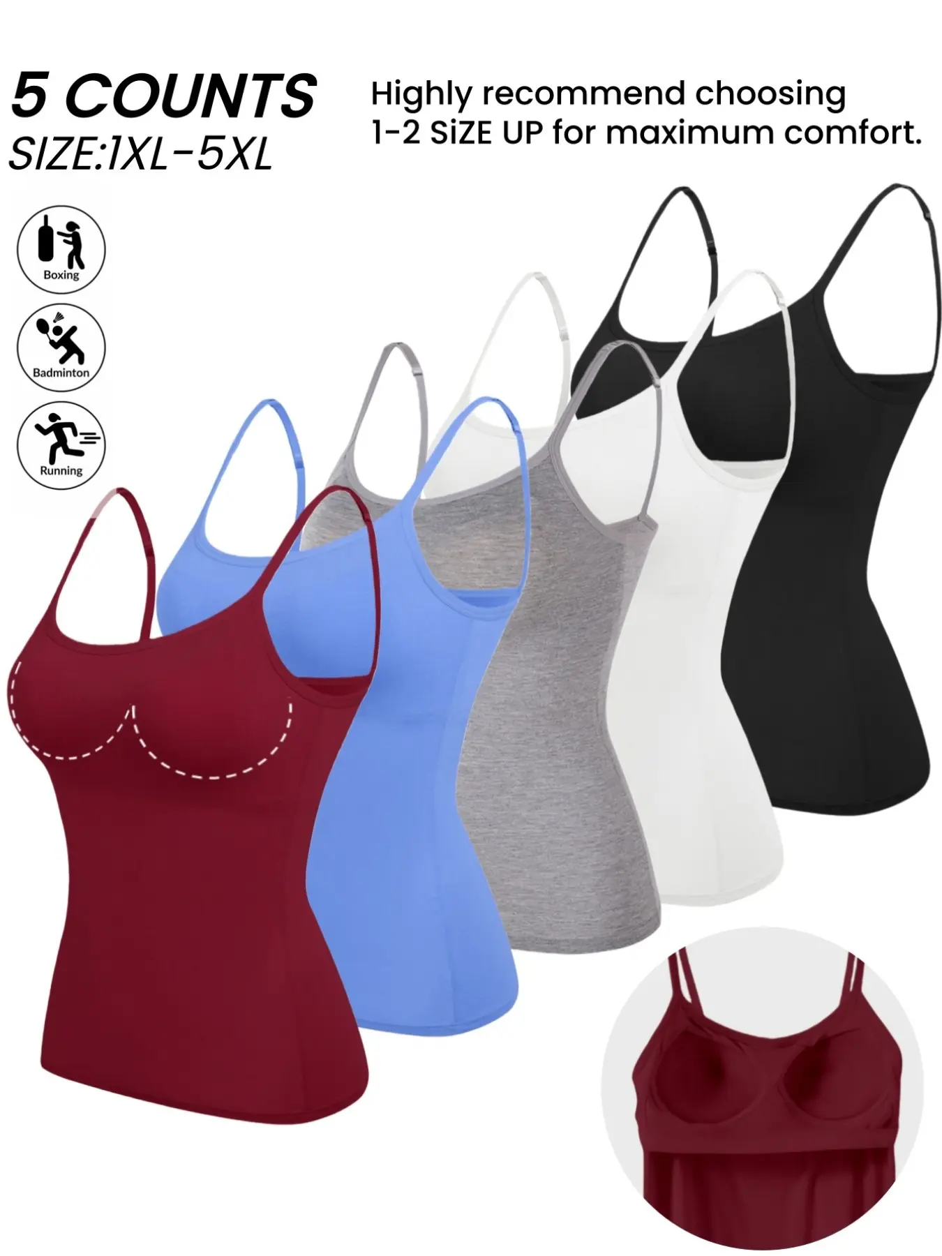 5-Pack PLUS SIZE Women's Adjustable Spaghetti Strap Camisole - Soft, Comfortable Padded Tank Tops for Yoga, Fitness, and Everyday Wear -Tube, Womenswear,Built in Bra Vest,All Seasons