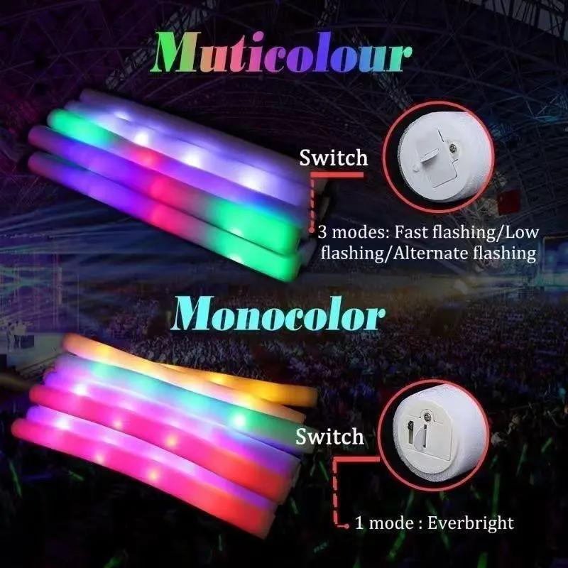 12-Pack RGB Colorful LED Foam Sticks, Fluorescent Cheer Sticks, Glow-In-Dark Handheld Lights, Party Props for Christmas, Birthday, Wedding