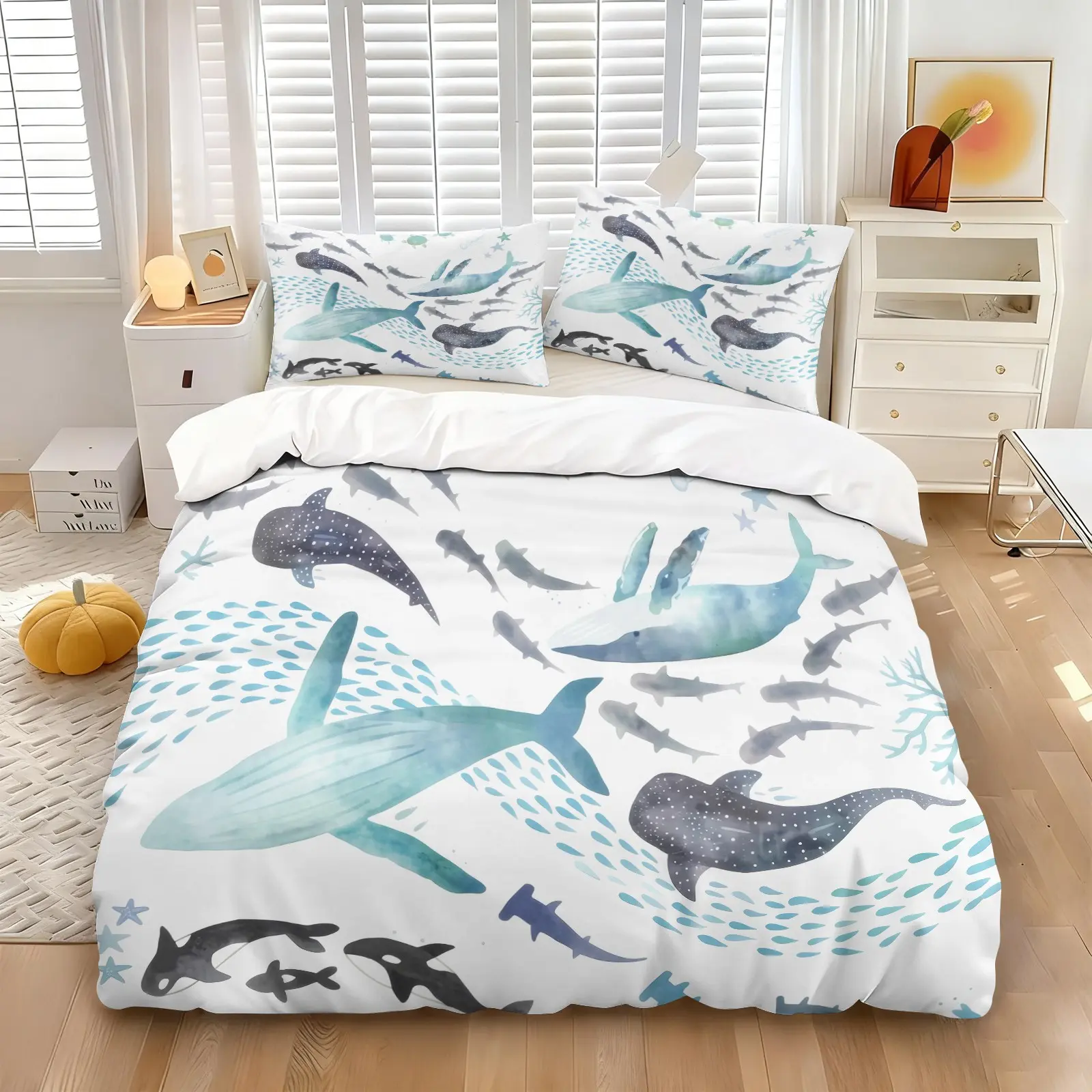 Watercolor Ocean Whale Shark Duvet Cover Set-1 Duvet & 1-2 Pillowcases-Marine Life Watercolor Pattern-Soft Breathable Easy Care-Ideal for Kids Room/Minimalist Bedroom/Marine Life Lover's Bedroom Decor