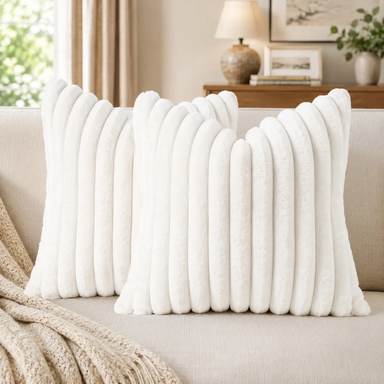 2PC 18x18" (45cm) Multi-Color Striped Fluffy Pillow Covers | Cozy Minimalist Couch Decor Aesthetic ☁️ All-Season Home Essential & Holiday Must-Have 🎁 Perfect Gift Choice for Friends & Family Decorate Enhance Fluffy Texture