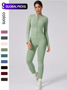 women's plain tracksuit set, sports zip up crop jacket & high waist leggings, ladies spring & fall clothes, gym wear, yoga workout activewear, yoga outfits