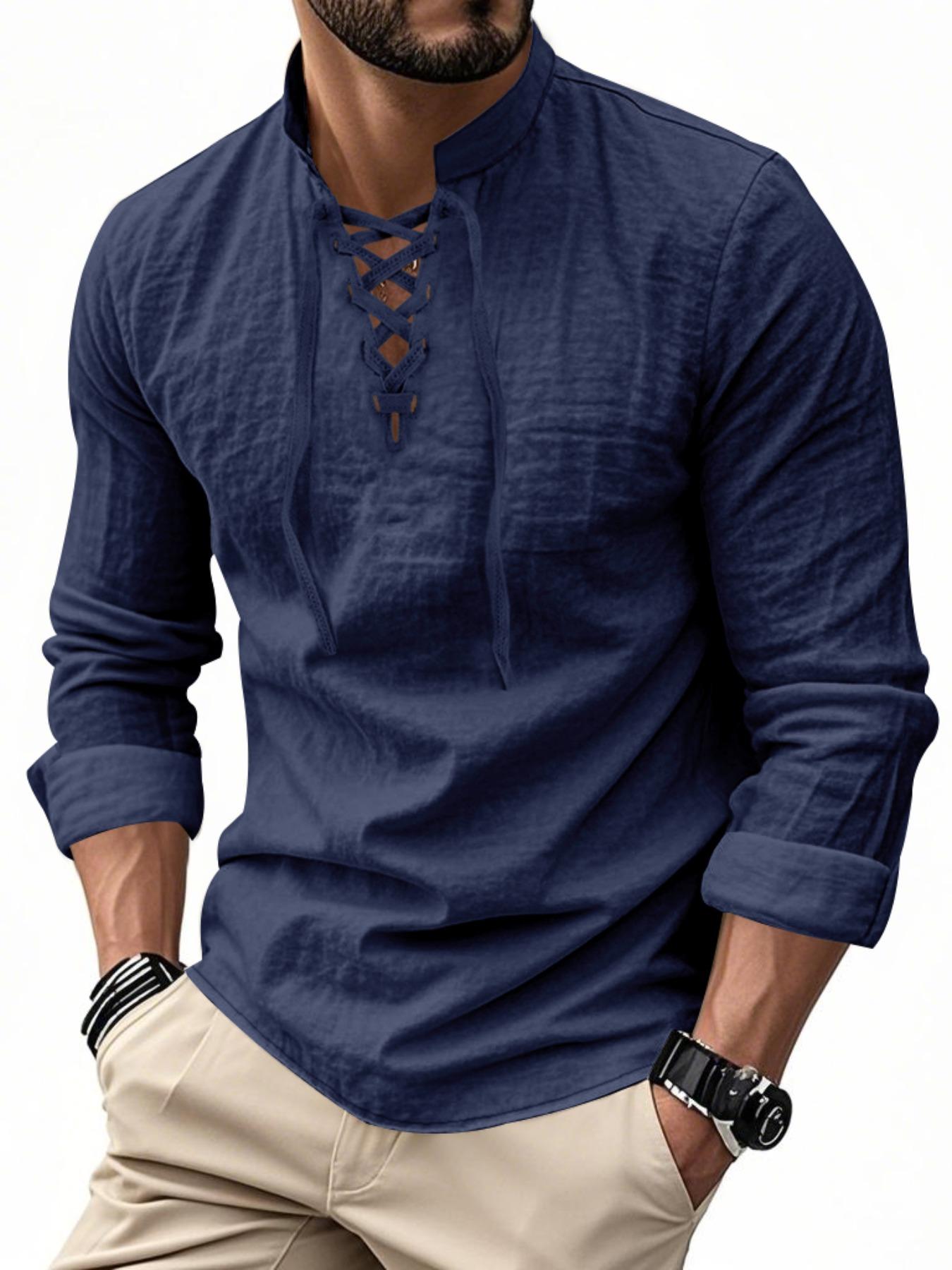 Men's Lightweight Breathable Linen Shirt, Drawstring Collar, Unique Design, Casual Plain Long Sleeve Polo, Perfect for Daily Commute Spring Fall Men's Clothing Men's Lightweight Breathable Linen Shirt, Drawstring Collar, Unique Design, Casual Plain Long Sleeve Polo, Perfect for Daily Commute Spring Fall Men's Clothing