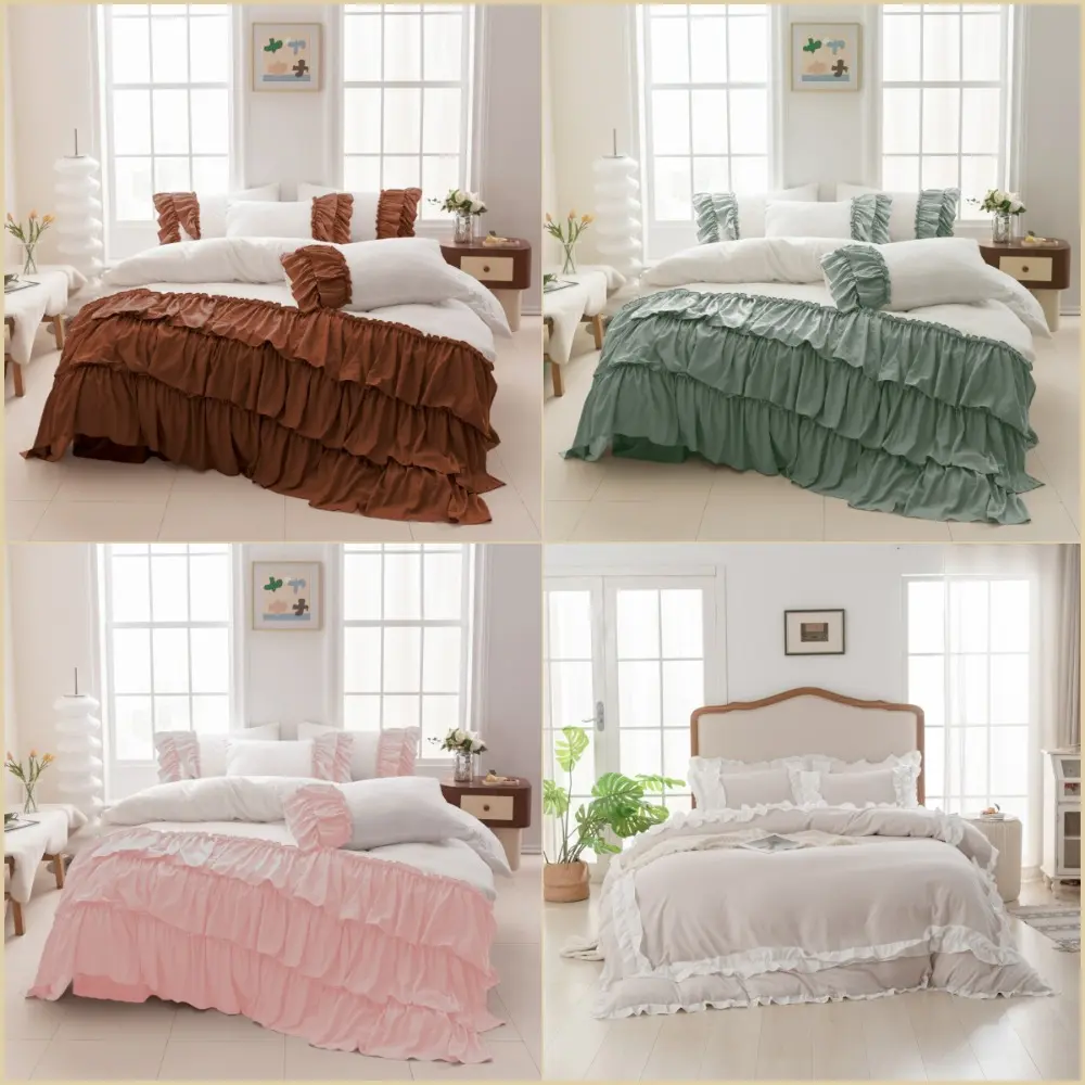 3 Pcs Multi-layer Ruffled White Contrast Down Duvet Cover Set, Machine Washable Easy Care All Season Bedding, Includes 1 Duvet Cover + 2 Pillowcases