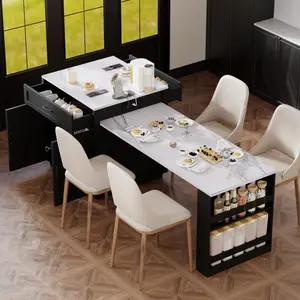 Aobtkel®K&K 82.7 inch Kitchen Island with Extendable Dining Table for 4-6 Person,Faux Mable Kitchen Table with Double-sized Storage,Power Outlet,Kitchen island with Storage 2 Drawers 2 Side Open Shelves,Black