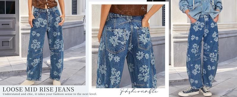 Women Y2k Distressed Barrel Jeans Baggy Wide Leg Jeans Floral Printed Boyfriend Patchwork Denim Pants2026
