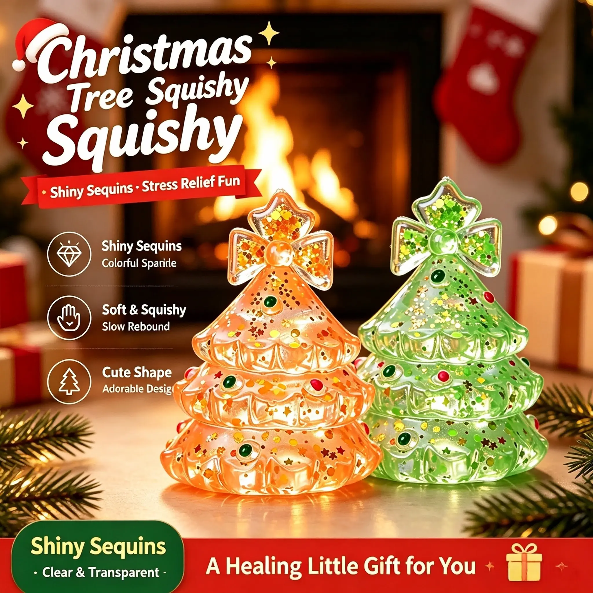 Mini Christmas Tree Stress Balls Set with Glitter Resin Material, Dreamy Christmas Style in Multiple Colors, Holiday Desk Decor and Gift Idea