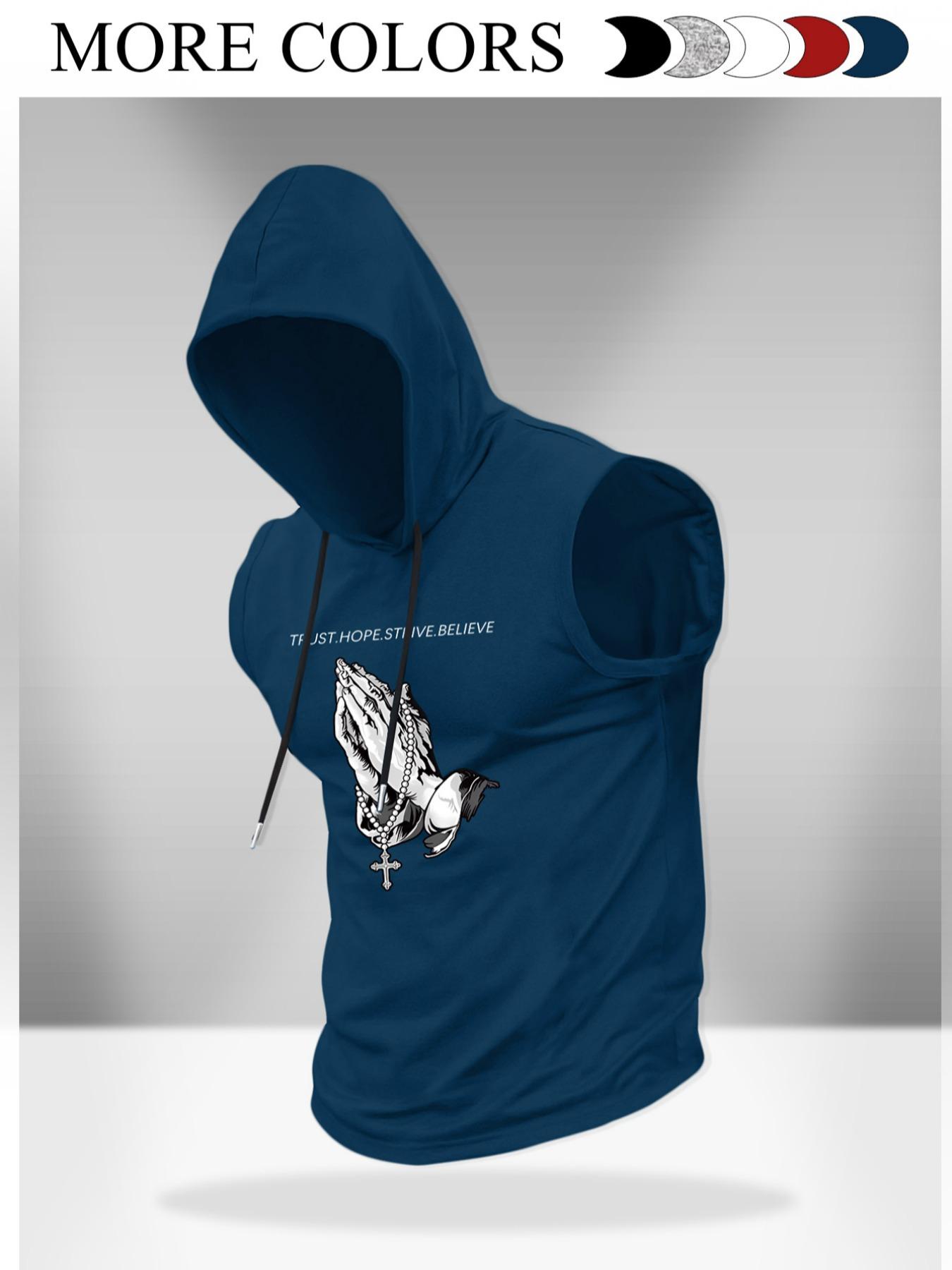 Men's Regular Fit Cross Print Hooded Tank Top, Casual Sleeveless Graphic Hoodies Vest for Summer, Men's Top for Daily Wear, Sweatshirts