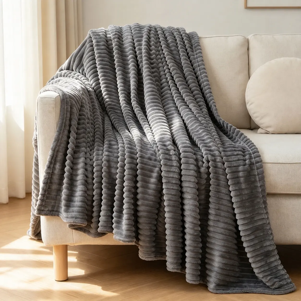 Simple Solid Striped Plush Decorative Blanket, Skin-Friendly Heat Retaining Material, Versatile Cover for Couch Lounging, Balcony Relax and Housewarming Present