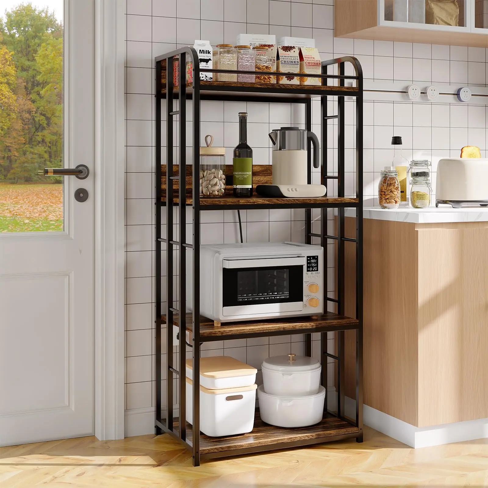 4-Tier Industrial Single Unit Freestanding Storage Shelf, Metal & Wood Kitchen & Home Organizer, Heavy-Duty, Space-Saving Multi-Layer Design with Built-In Power Outlet