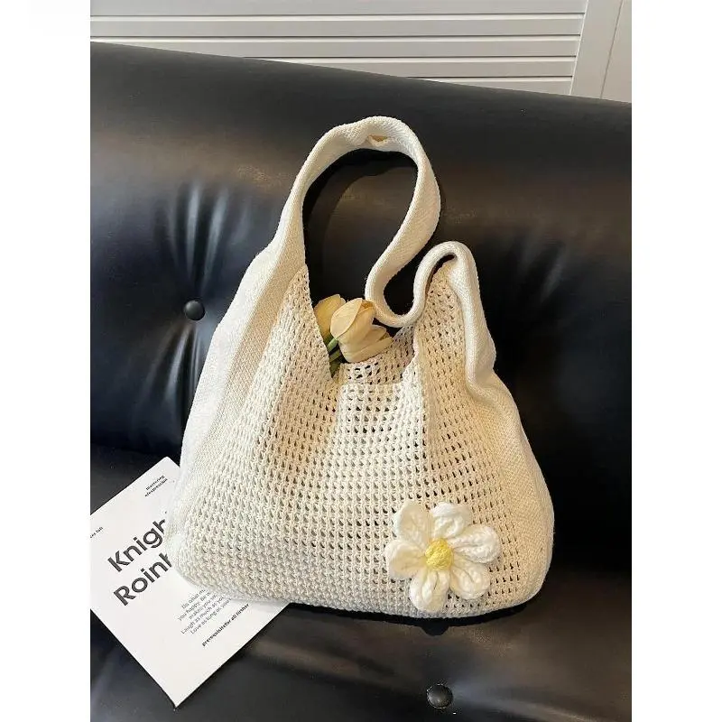 Women's Handwoven Solid-Color Floral Decor Crochet Texture Purse Shoulder Bag - Casual Trendy Purses for Daily Commute, Sports & Outdoor Protective Gear Accessory