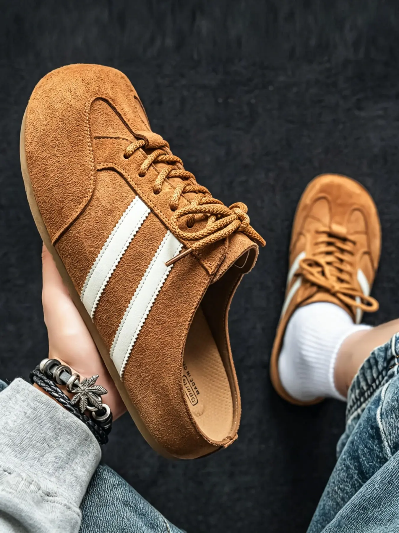 Men's Thick Sole Rubber Mules, Retro Faux Fur No Heel Slip-Ons, Dual Stripes, Comfortable Breathable Lightweight Non-Slip, Streetwear Casual Shoes