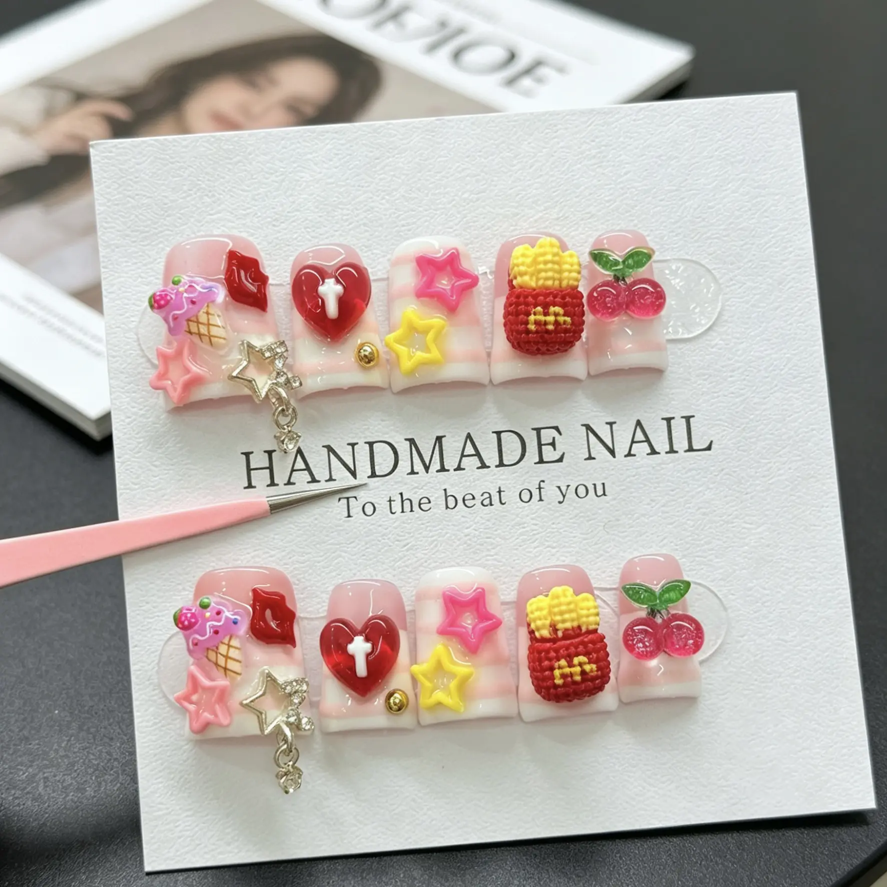 Atelier Handmade Kawaii Coquette Duck Press On Nails 3D Ice Cream Fries Cherry Cross Heart Star Pendant Rhinestone Charms Pink White Striped French Tip Glossy Y2K Egirl Reusable False Nails For Picnic Festival Date Girls Party