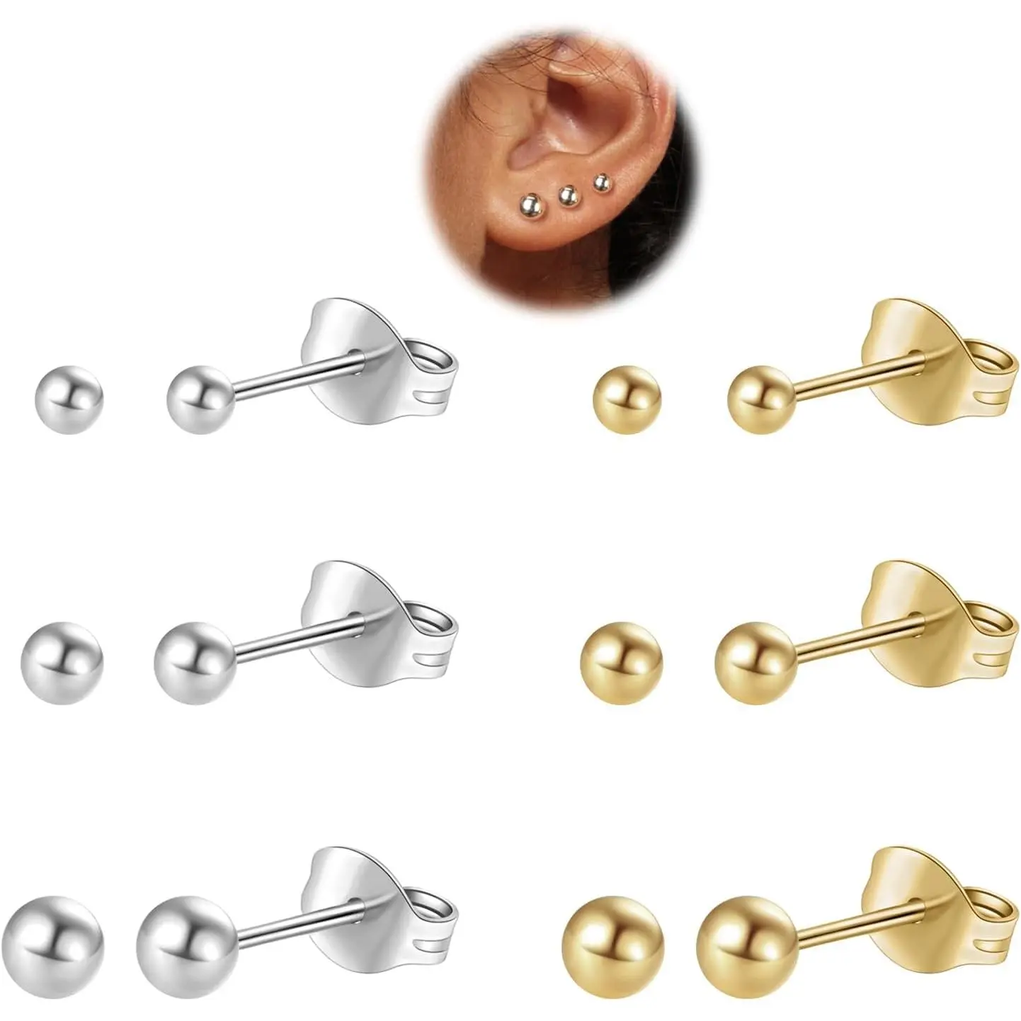 6 Pairs Surgical Steel & 14K Gold Plated Ball Stud Earrings Set, 3/4/5mm Hypoallergenic for Women & Men