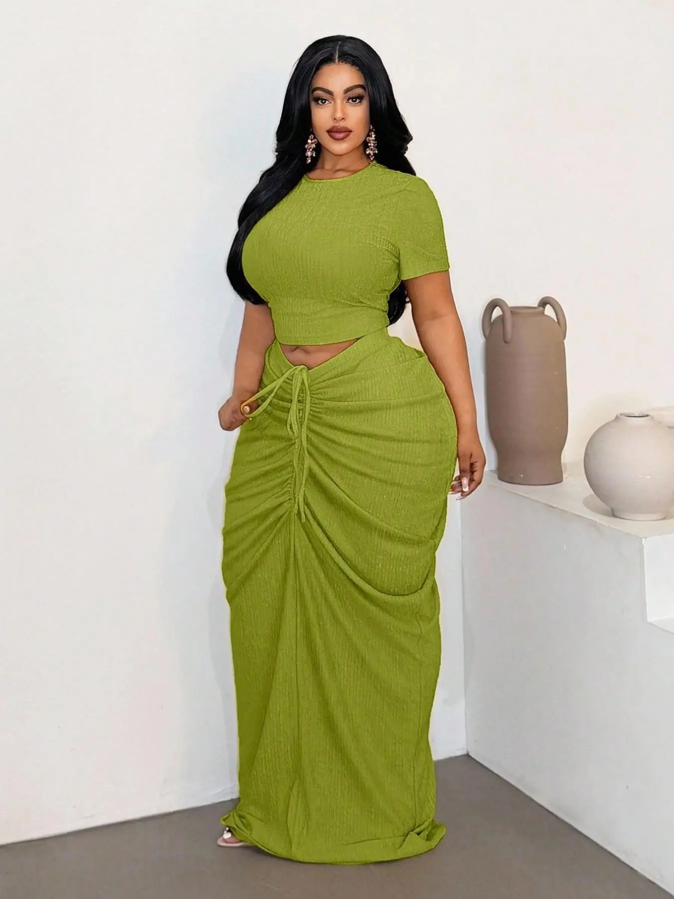 Plus Size Women's Ribbed Short Top and Drawstring Adjustable Pleated Long Skirt Set, Spring Fall Fashion Casual Sexy Waist Cinch Comfortable