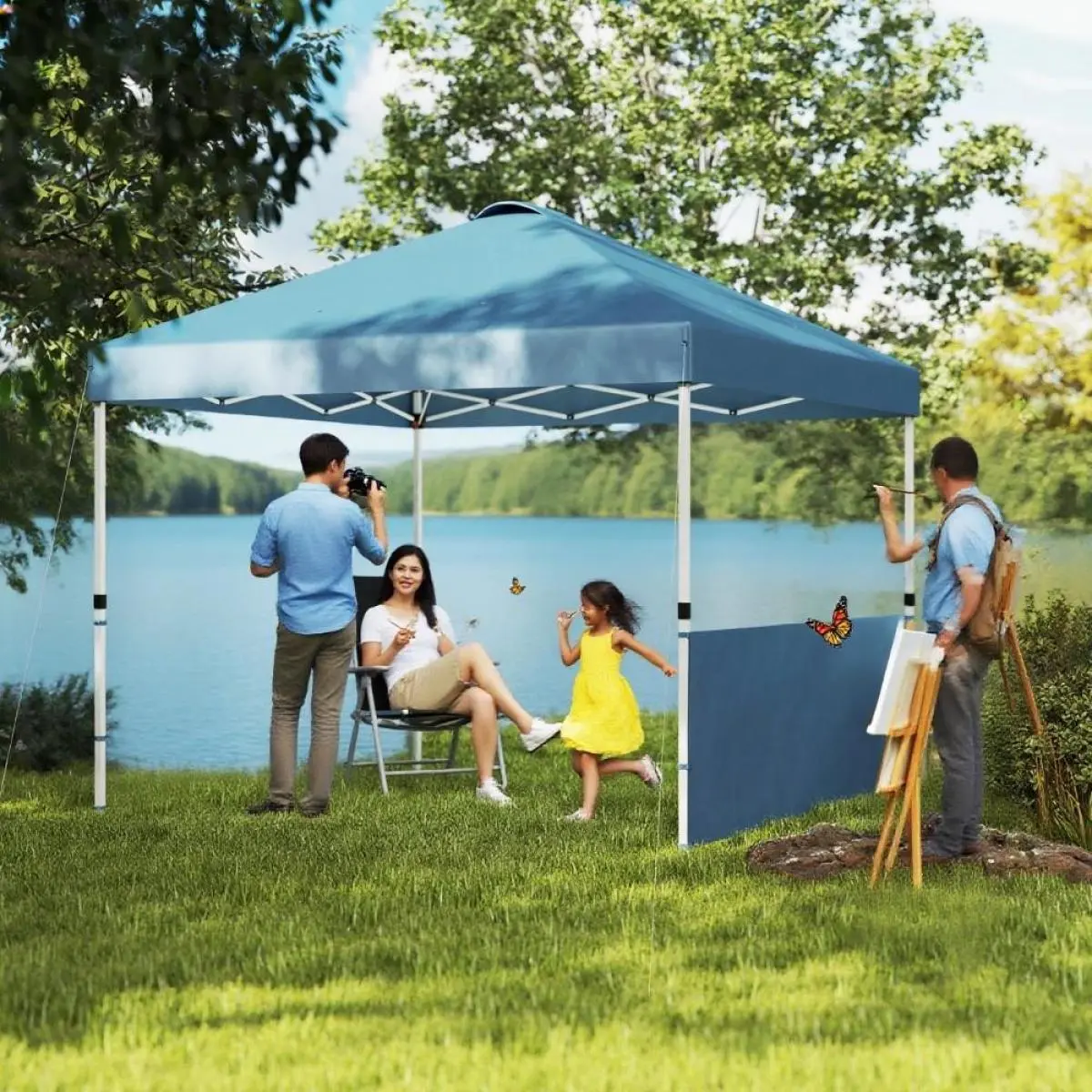 Aobtkel10x 10 ft party tent Pop Up Canopy Tent with 2 Half Sidewalls with Wheeled Carry Bag, Blue On-Site