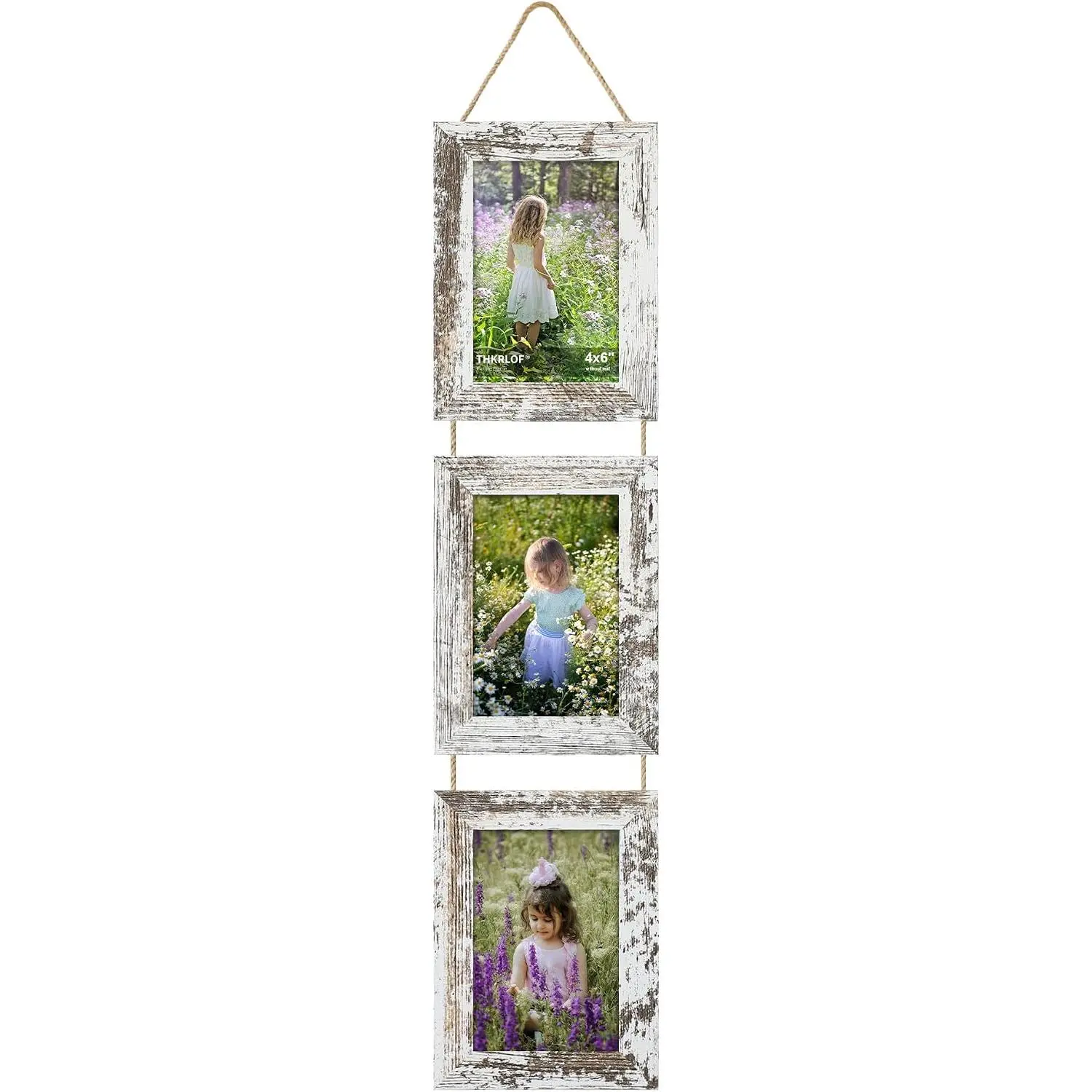 4x6 Picture Frame Collage, Real Glass Wooden Vertical Hanging 3 Opening Photo Frame, Distressed White, 1 Pack