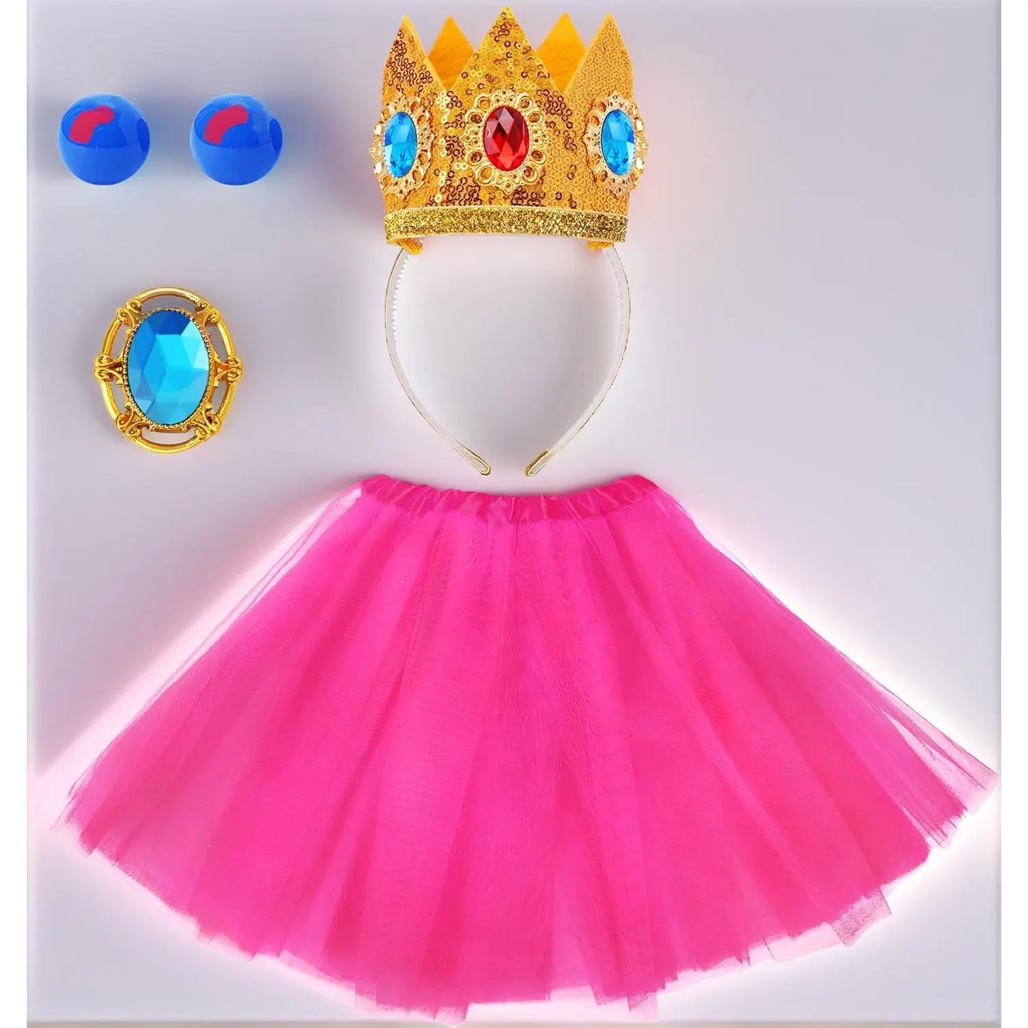 5-Piece Princess Costume Set for Women - Crown, Tutu Skirt, Earrings, Brooch & Gloves, Perfect for Halloween Dress-Up & Themed Parties
