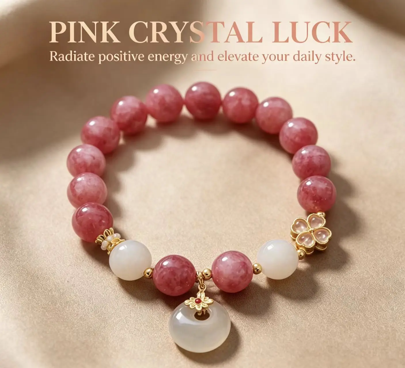 Women's Pink Natural Stone Beaded Bracelet with White Agate Donut Pendant - Traditional Oriental Amulet Jewelry, Jewelry for Women, Everyday Wear, 1 Size Fit, Stretch Cord Birthday Gift