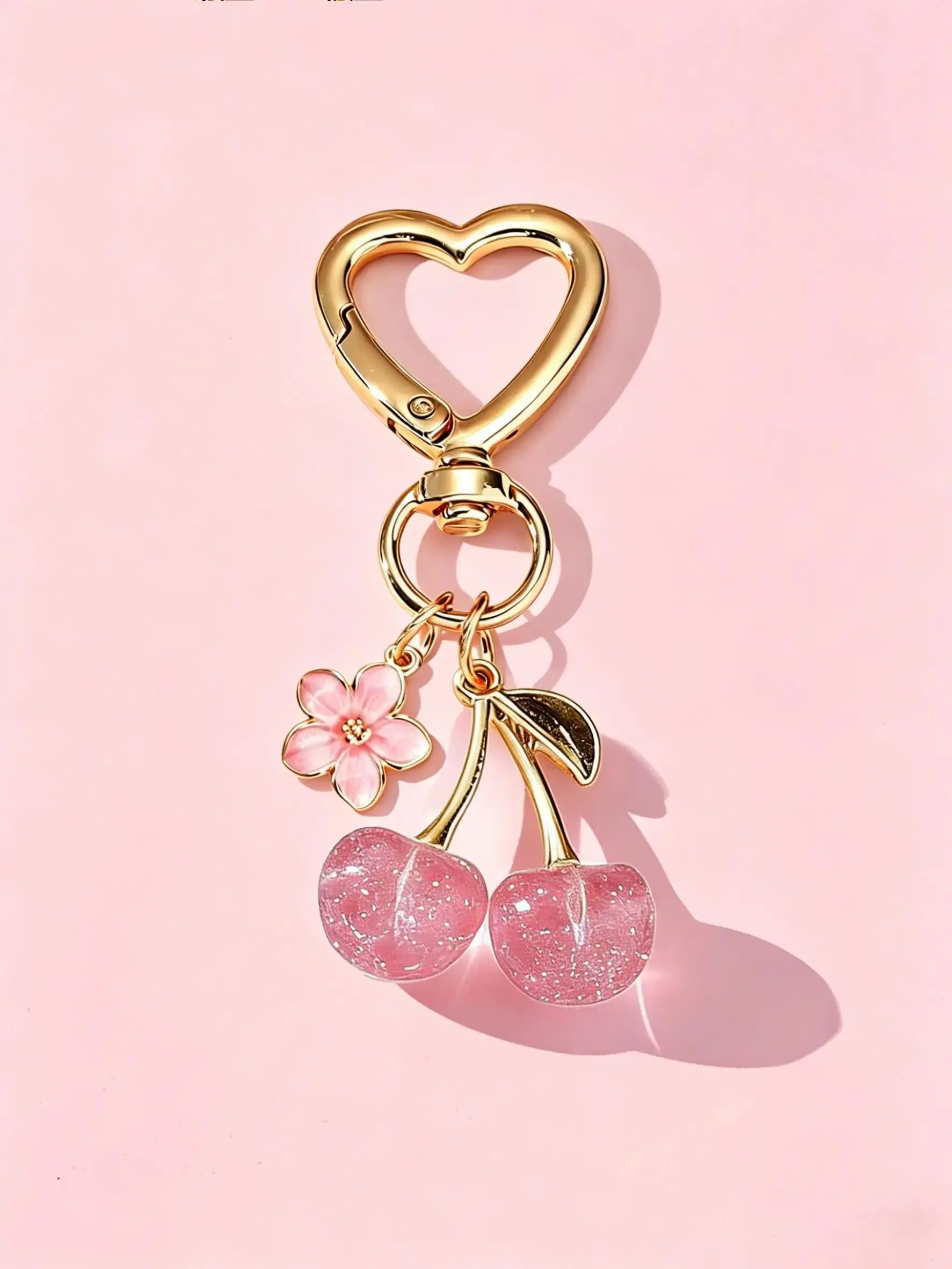 Cherry Flower Keychain for Women, Cute Glitter Cherry Charms, Heart Carabiner Key Ring, Aesthetic Bag Purse Charm, Mother's Day Gift, Best Gift, Keychain for Bags, Bag Key Accessory, Heart Design Keychain