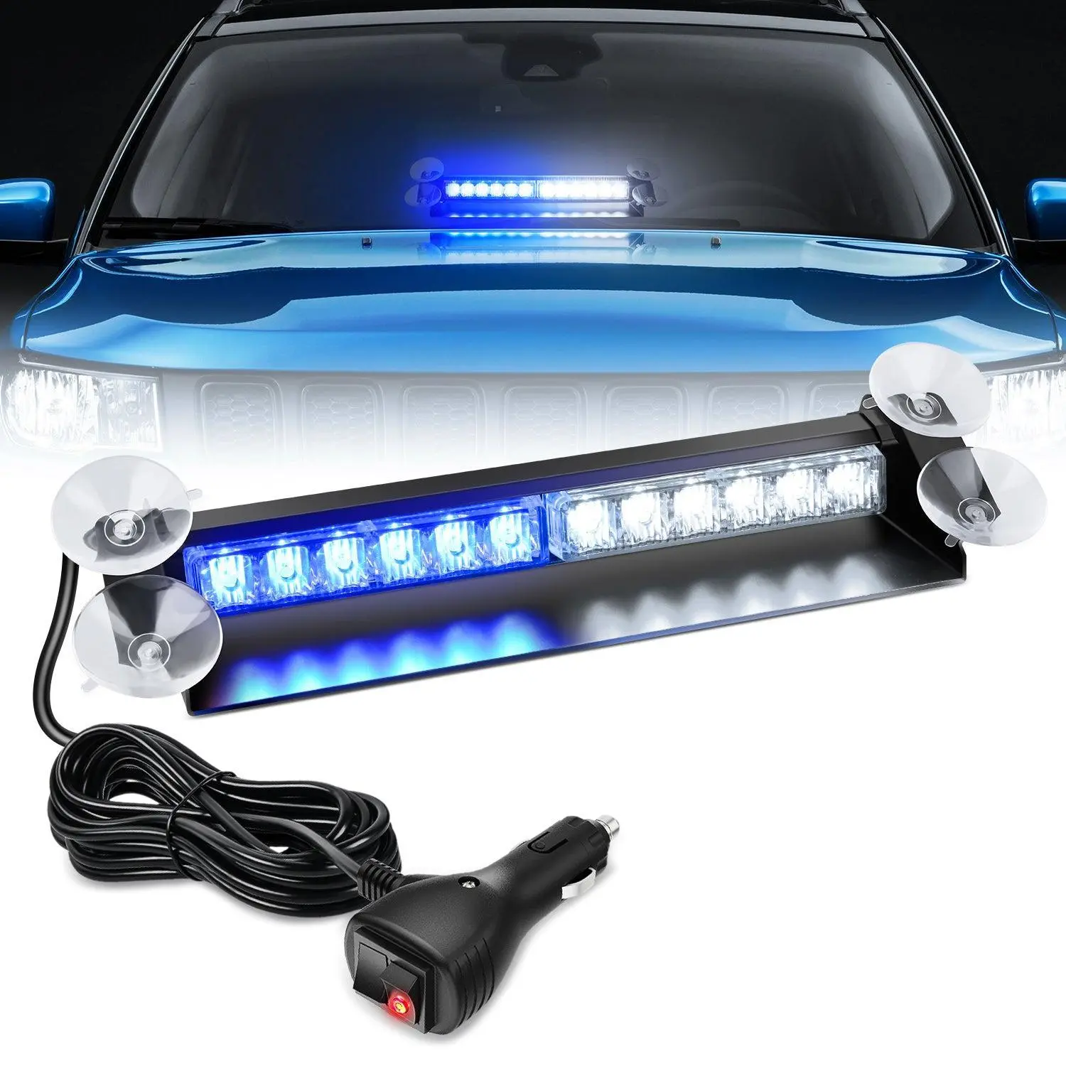 Nilight 12LED Suction Aluminum Traffic Strobe Light Bar, 12-24V DC Blue-White Dash Safety Fixture, 9.94ft Law Enforcement Emergency Accessory for Front/Rear Windshield, Trucks, Cars, Plows