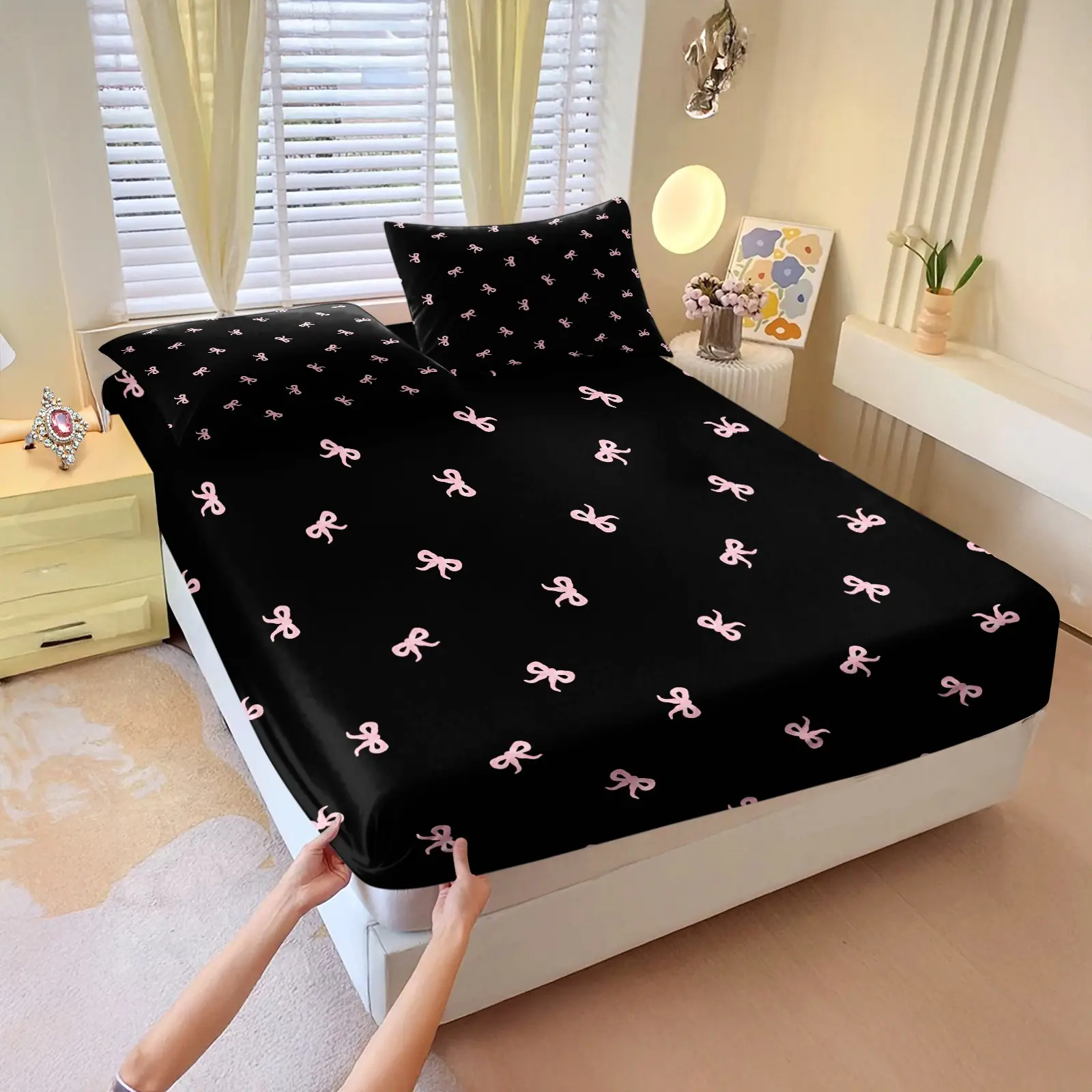 3Pcs Minimal Tiny Polka Dot Bow Fitted Sheet Set with seamless scattered thin bow print, breathable soft pilling-resistant fabric, soothing bedding to build gentle atmosphere for girl bedroom and dormitory