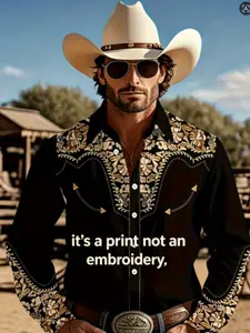Men's Vintage Western Cowboy Style Aesthetic Collared Shirt, Button Decor Print Long Sleeve Top, Slim Fit Casual Jacket, Men's Western Fashion Clothing