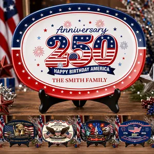Personalized America 250th Anniversary Platter, Custom Family Name Patriotic Decorative Plate for 4th of July Table Decor, Happy Birthday America Gift for Family