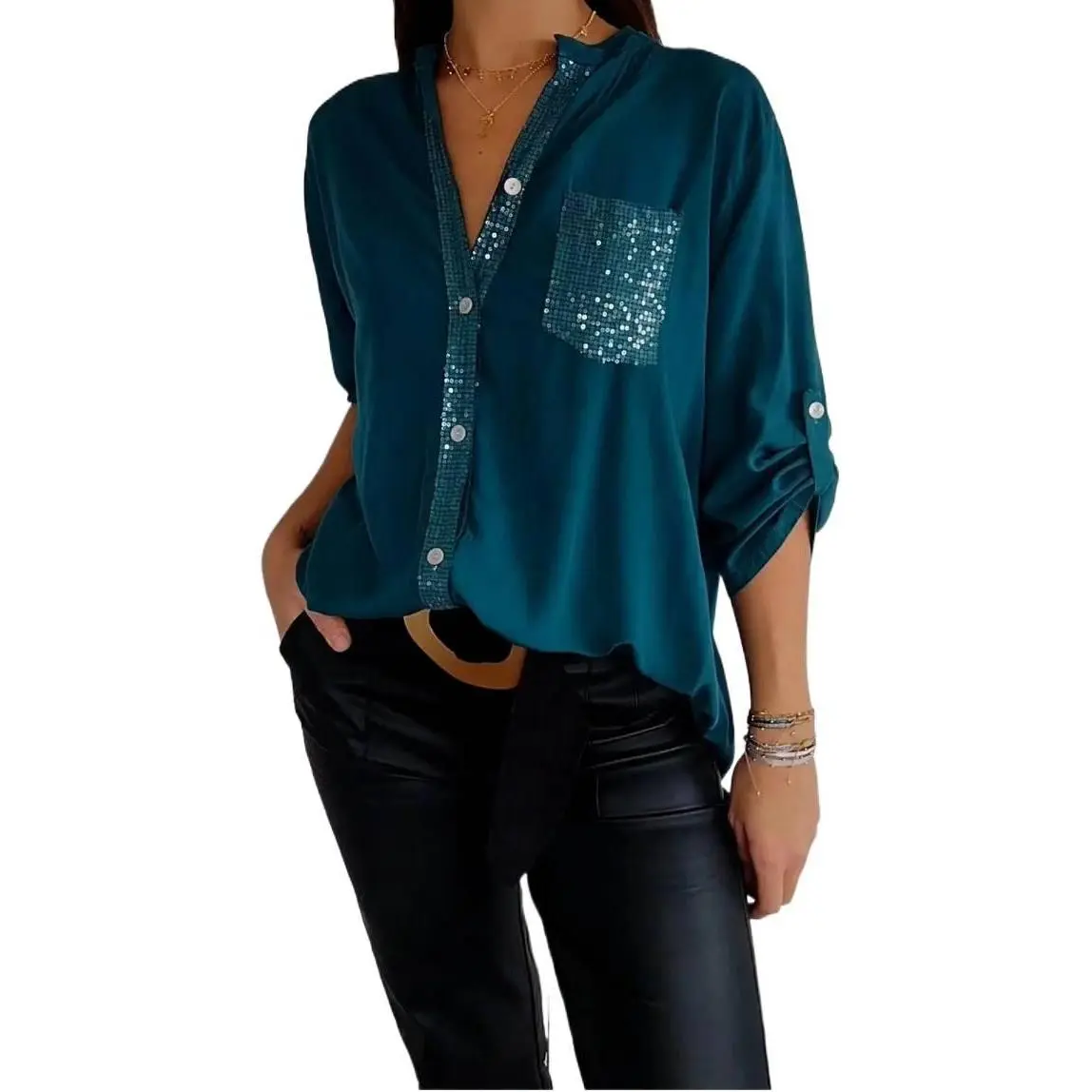 Women's Chic Sequin Blouse with Long Sleeves, Glamorous Polyester Pullover Top for Work and Shopping