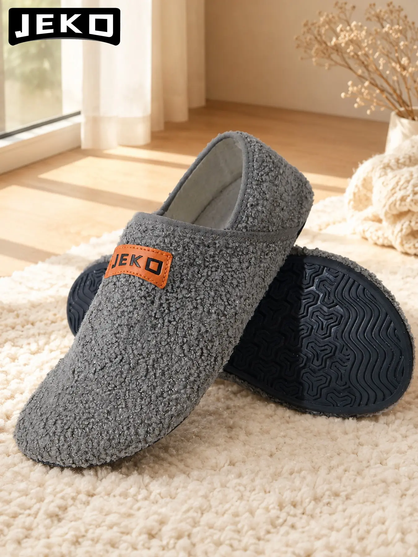 JEKO Men's Large Size Sporty Slippers, Comfortable Lightweight Sock Shoes, Thick Warm Lining, Soft Sole, Non-Slip Rubber Bottom, Winter Indoor Yoga
