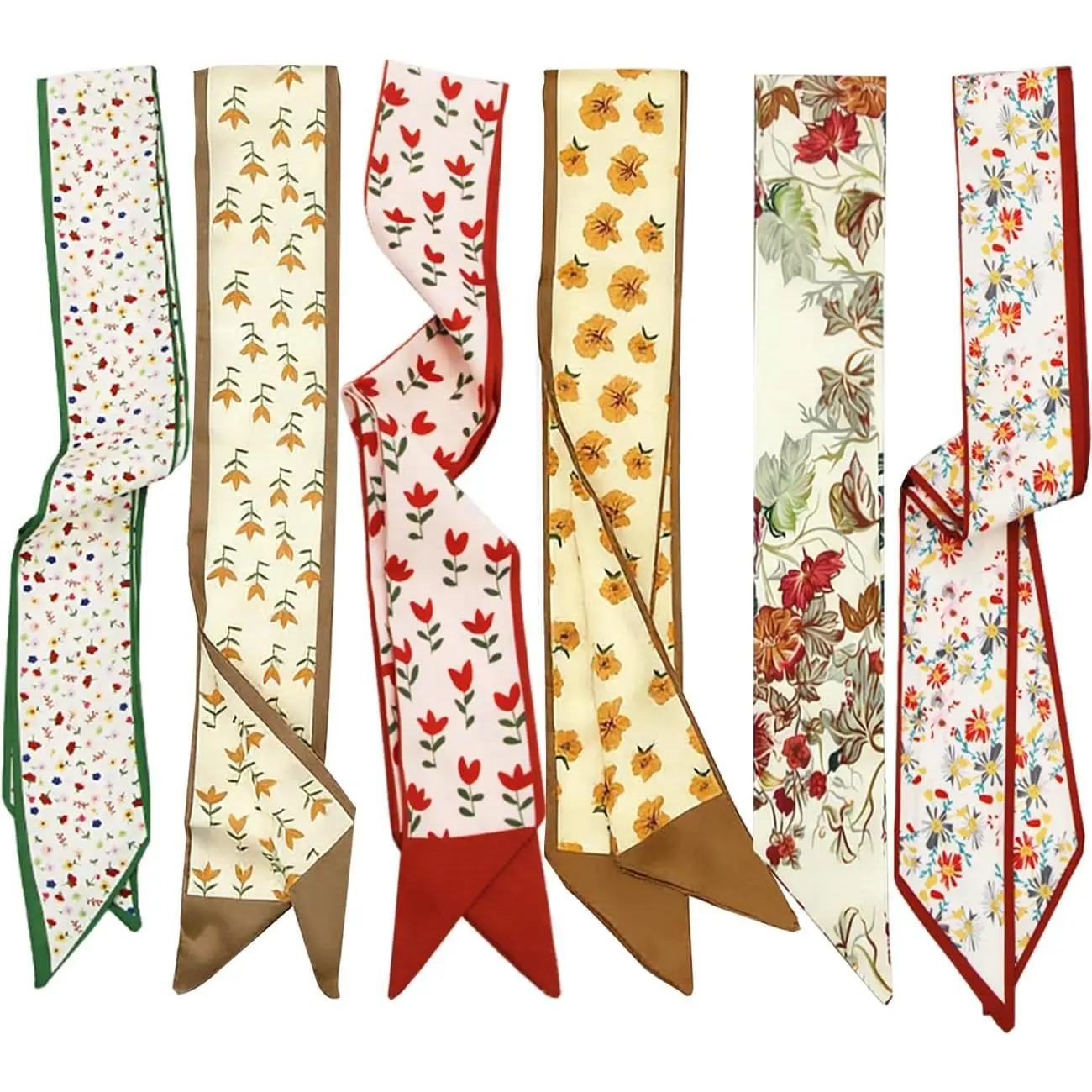 Female Skinny Silky Printed Twilly Scarf, All Seasons Casual Neck Accessory for Women, Lightweight Purse Handle Wrap & Hair Tie