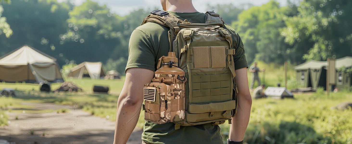 Tactical Half Gallon Water Bottle with Straw, 64 Oz Insulated Water Jug with Molle Water Bottle Holder, Stainless Steel Sport Bottle with 3 Lids for Gym Workout Hiking (Black)