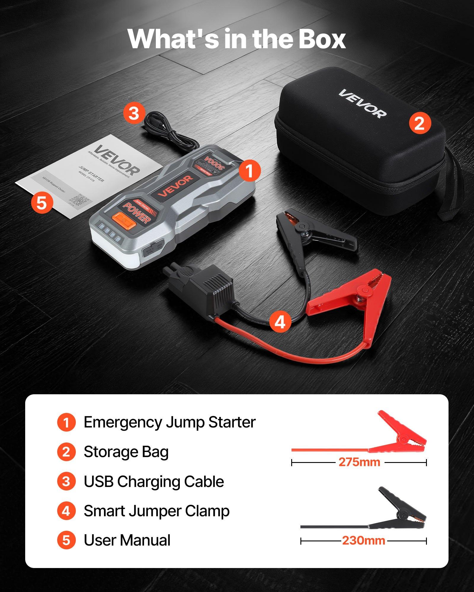 VEVOR Jump Starter, 3000A Peak, Car Jumper Starter Battery Pack, 12V Portable Lithium Battery Booster, Jump Box Power Bank with 3 Modes Flashlight and Jumper Cable, for Up to 9L Gas/7L Diesel Engines VEVOR Jump Starter, 3000A Peak, Car Jumper Starter Battery Pack, 12V Portable Lithium Battery Booster, Jump Box Power Bank with 3 Modes Flashlight and Jumper Cable, for Up to 9L Gas/7L Diesel Engines