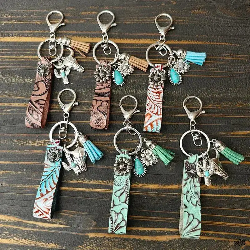 Vintage Western Authentic Leather Keychain - Natural Cowhide Pendant with Turquoise Accent, Leather Key Holder, Fashion Keychain, Bag Charms, Western Accessories, Gift for DIY Luggage-Bag Decor & Daily Use