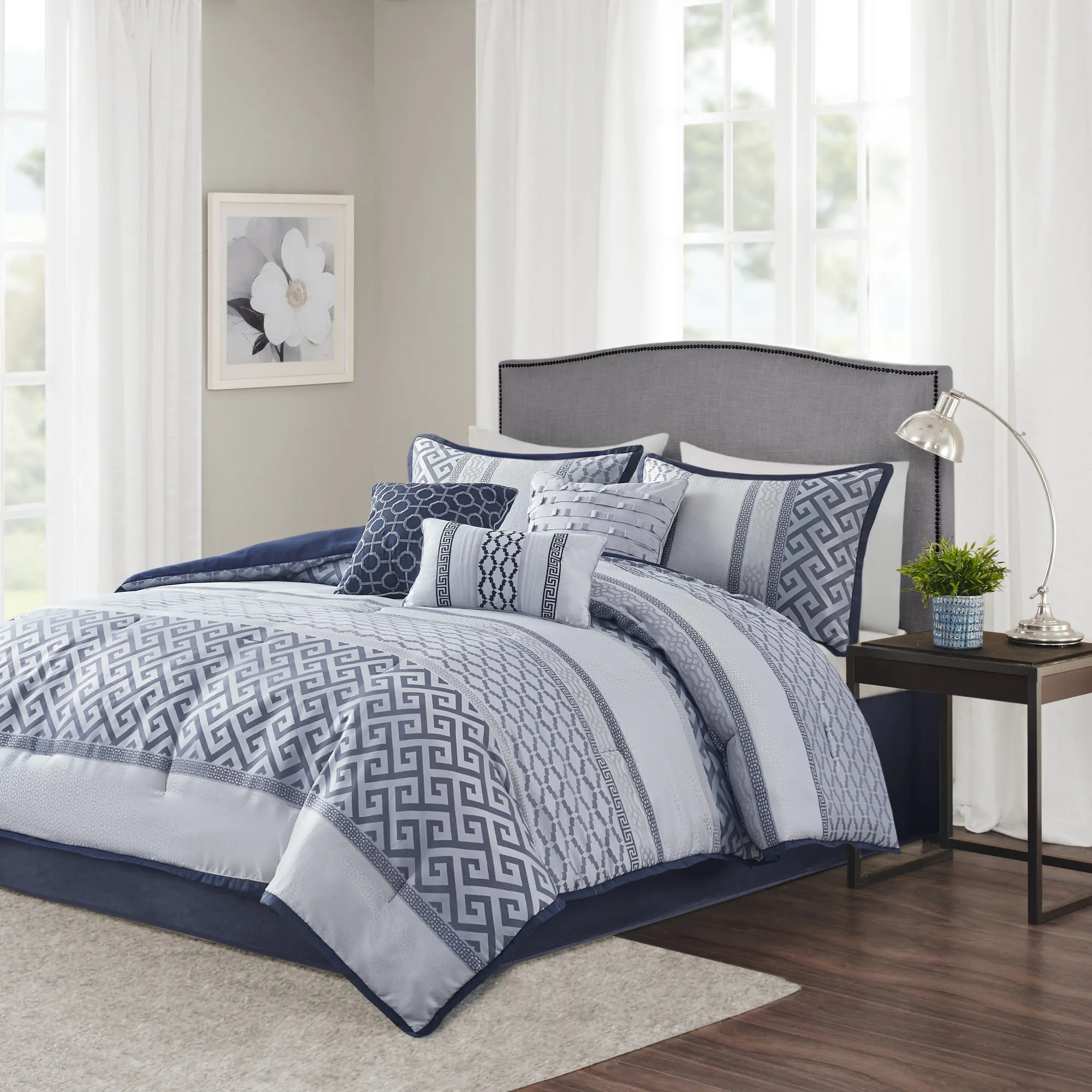 Nokaa 7 Piece Jacquard Comforter Set King Size Navy Bedding Ensemble with Polyester Fill, Decorative Pillow Shams, Bed Skirt, and Throw Pillows, Elegant Woven Geometric Pattern for Master Bedroom or Guest Room