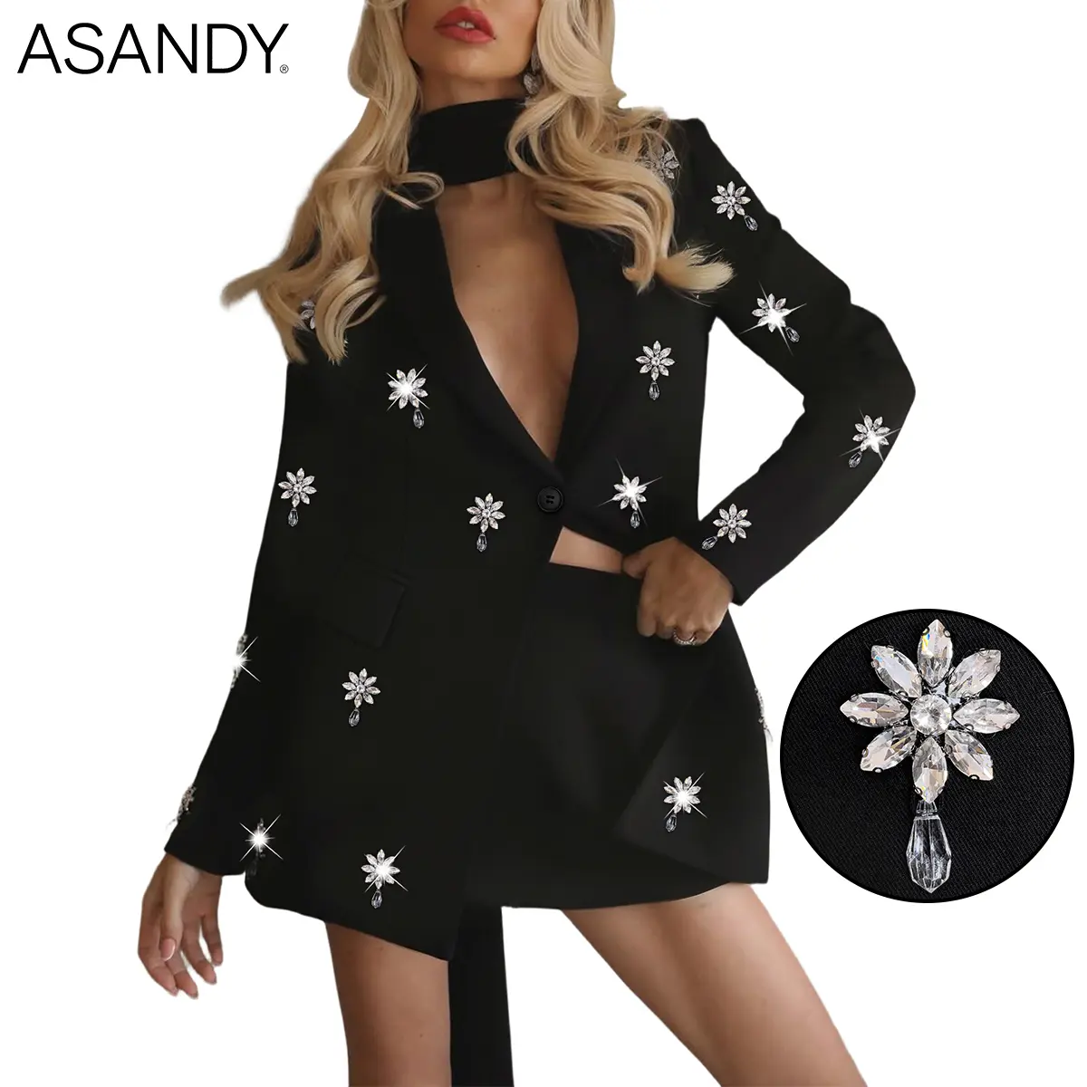 Women's Polyester Elegant Rhinestone Daisy-Embellished Oversized Long-Sleeve Black Blazer Dress, Bodycon Mini Formal Club Outfit with Choker Neck Tie