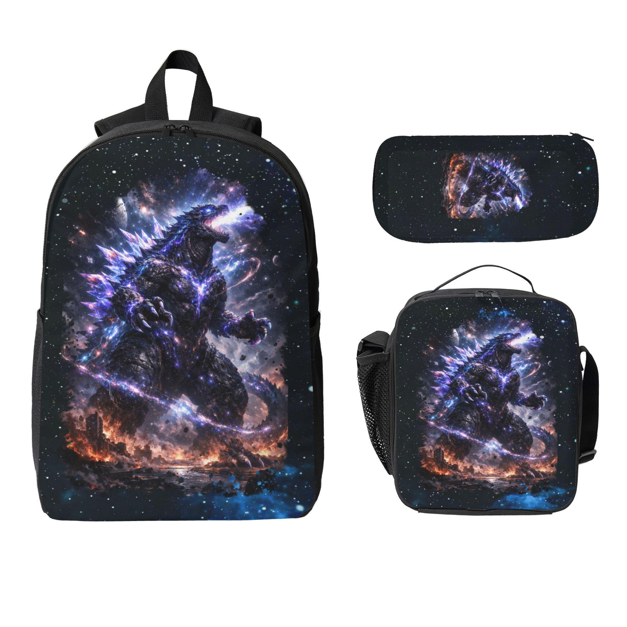 Godzilla Anime Kids' 3-Piece Backpack Set - Polyester Daypack, Lunchbox, Pencil Case, Durable, Stylish Casual School Supplies for Back to School, Printed, Unisex