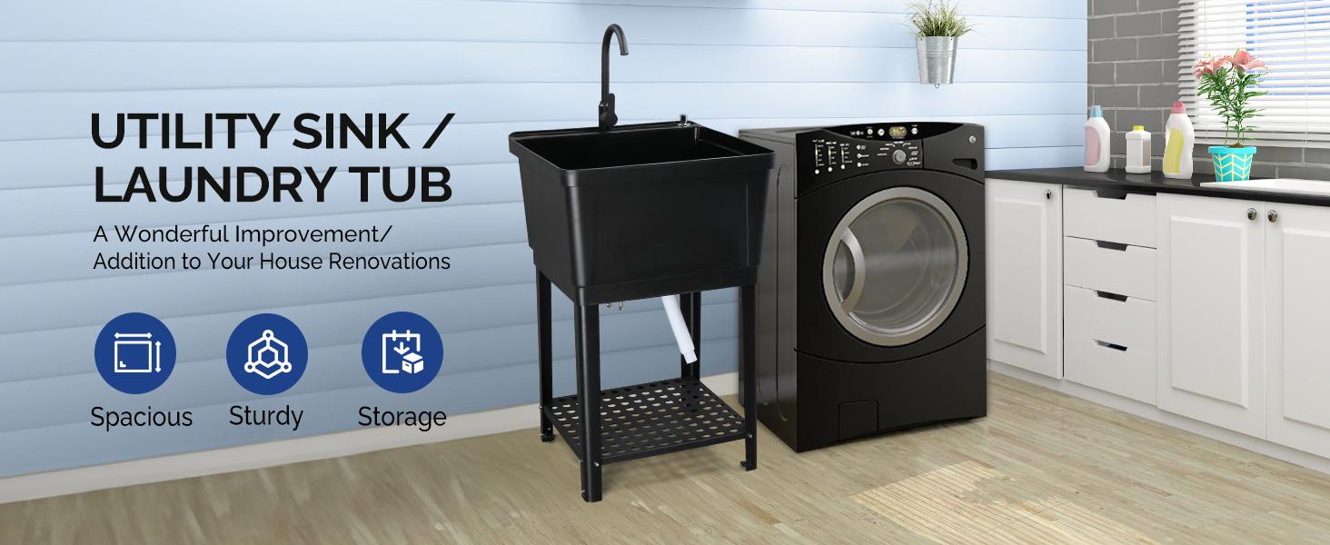 ROVSUN Plastic Utility Sink, Freestanding Sink with Hot&Cold Faucet, Soap Dispenser, Drain Plug and Iron Legs with Storage shelf, Perfect for Basement, Laundry Room, Garage, Black 23.6"×23.6"×36.2" SpringStatements