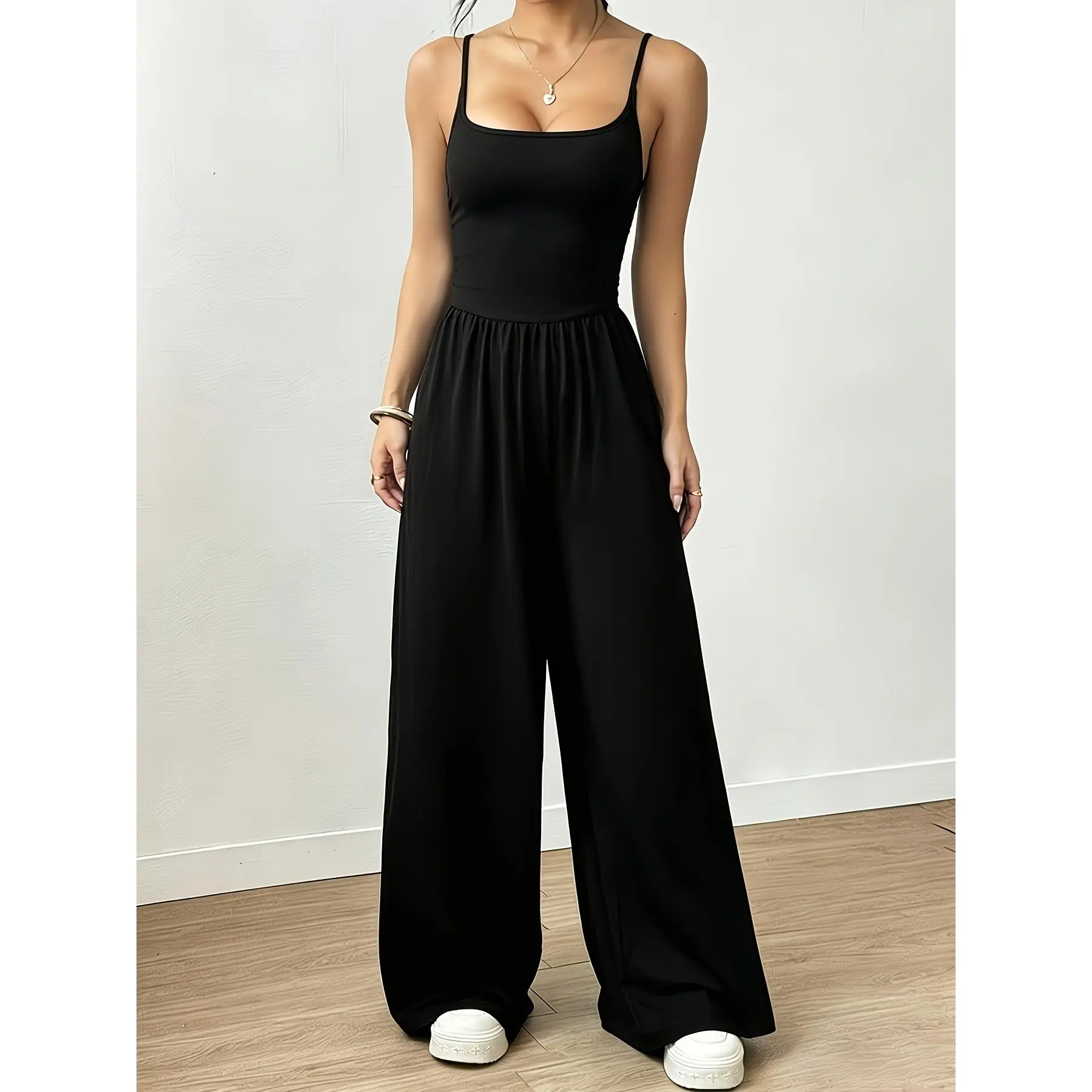 Women's Casual Solid Pleated Relaxed Cut Full Length Below Ankle Pull On Loose Straight Jumpsuit - Fashion Style Sports & Outdoor Clothing Set